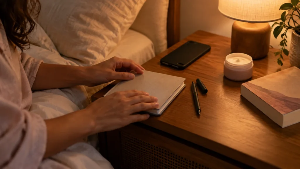mulher guardando o caderno ao lado do celular durante um ritual noturno tranquilo
