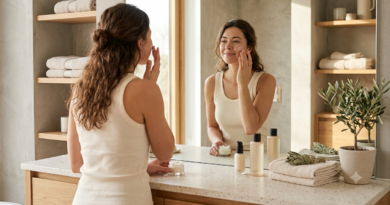 Mulher seguindo uma rotina de skincare simples com produtos essenciais para cuidar da pele