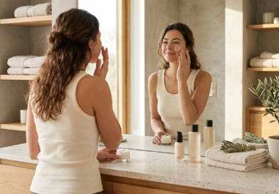 Mulher seguindo uma rotina de skincare simples com produtos essenciais para cuidar da pele