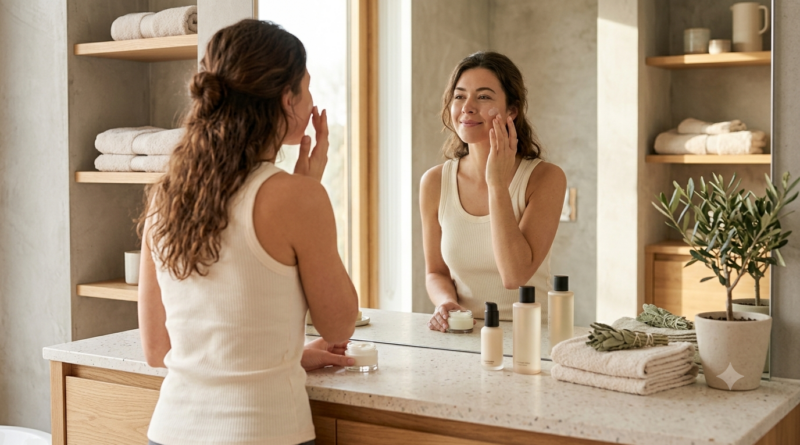 Mulher seguindo uma rotina de skincare simples com produtos essenciais para cuidar da pele