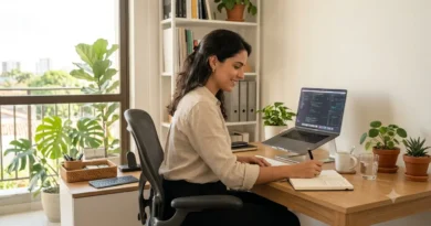 Pessoa trabalhando em casa com rotina organizada e ambiente de home office produtivo