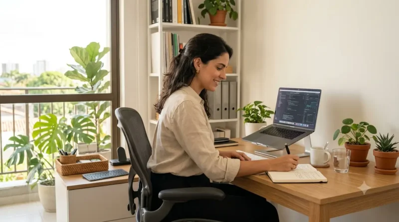 Pessoa trabalhando em casa com rotina organizada e ambiente de home office produtivo