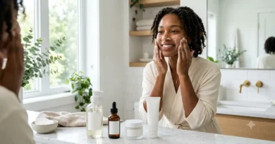 Mulher negra realizando rotina de skincare com sabonete facial, sérum, hidratante e protetor solar.