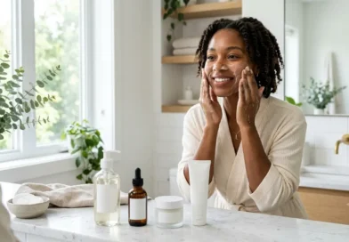 Rotina de skincare para pele negra: guia prático em 5 passos Mulher negra realizando rotina de skincare com sabonete facial, sérum, hidratante e protetor solar.
