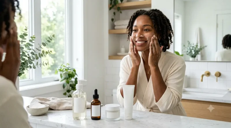 Rotina de skincare para pele negra: guia prático em 5 passos Mulher negra realizando rotina de skincare com sabonete facial, sérum, hidratante e protetor solar.