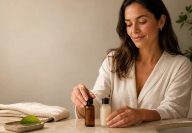 Produtos de ácido glicólico e niacinamida em rotina de skincare noturna