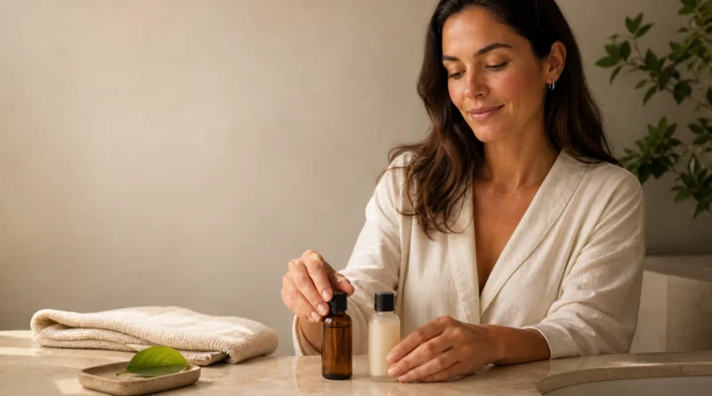 Produtos de ácido glicólico e niacinamida em rotina de skincare noturna
