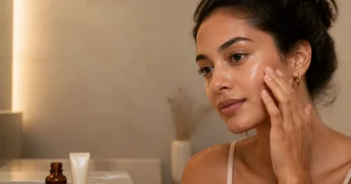 Mulher aplicando produto com ácido glicólico em rotina noturna para uniformizar a aparência da pele