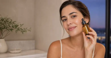 Mulher segurando sérum facial em rotina de skincare com ácido glicólico
