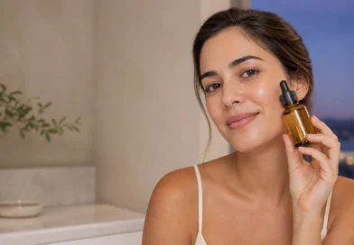 Mulher segurando sérum facial em rotina de skincare com ácido glicólico