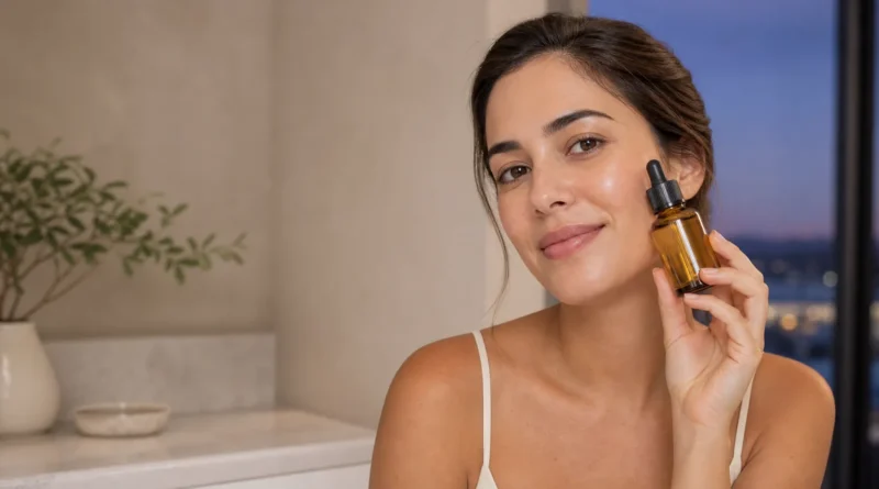 Mulher segurando sérum facial em rotina de skincare com ácido glicólico