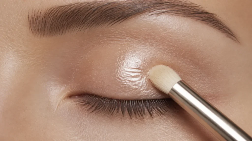 Sombra glossy: o jeito mais fácil de iluminar o olhar sem pesar a maquiagem aplicação de sombra glossy champanhe no centro da pálpebra com pincel pequeno