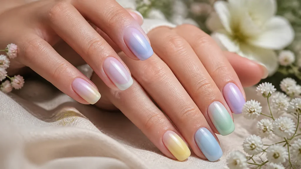 aura nails em tons pastel de lavanda, azul e verde