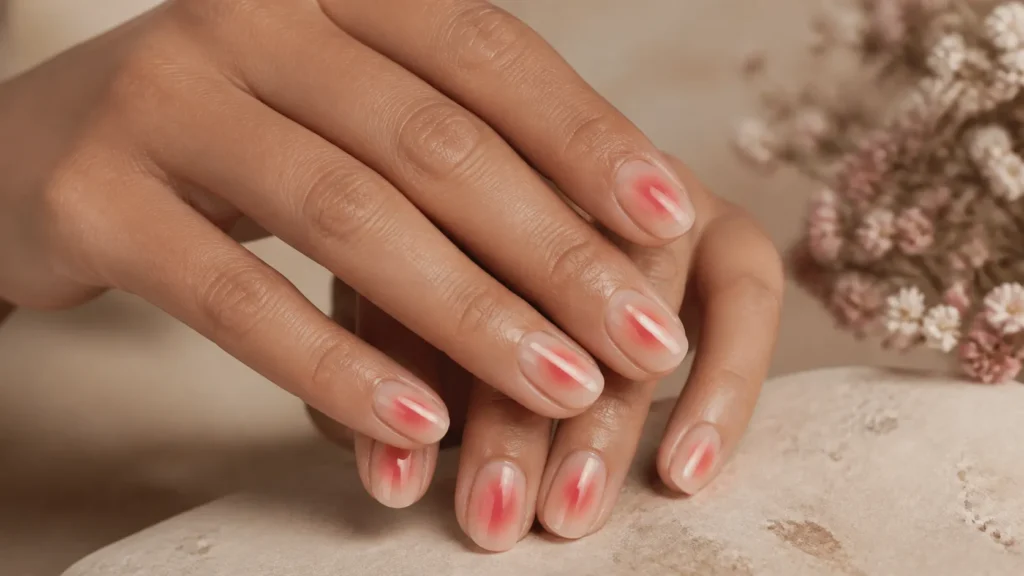 aura nails em rosa, pêssego e coral com halo esfumado