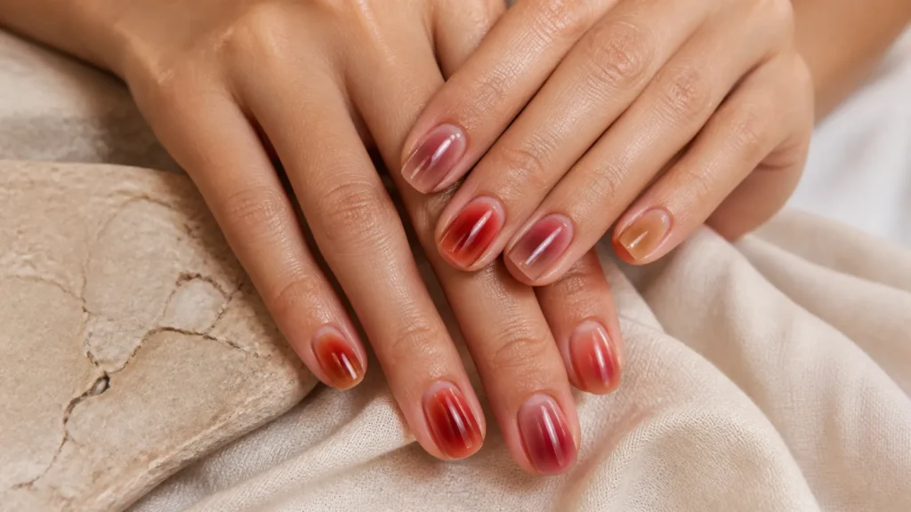 aura nails em vermelho, marsala e caramelo com efeito central difuso