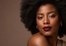 mulher negra usando batom vinho em maquiagem elegante