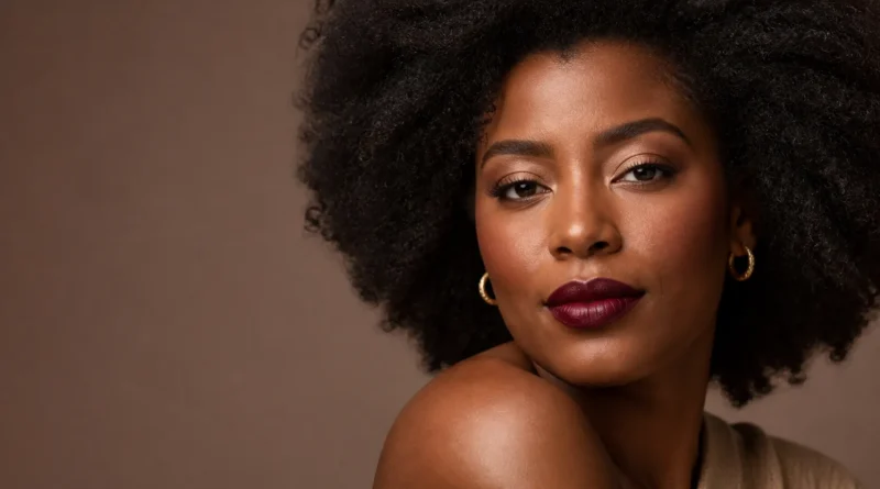 mulher negra usando batom vinho em maquiagem elegante