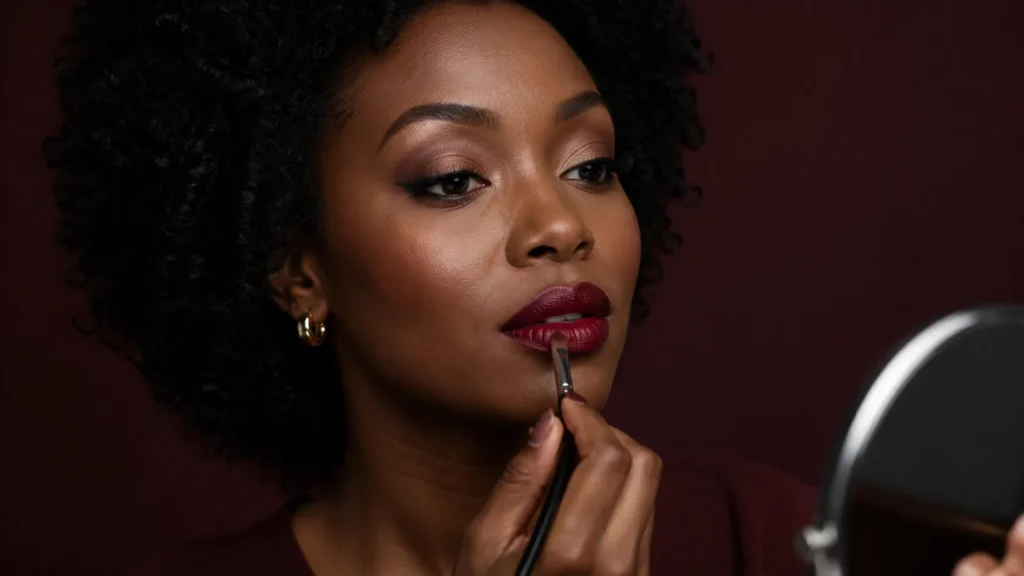 Batom para pele negra: cores e acabamentos para escolher o seu mulher negra aplicando batom vermelho vinho com pincel para um acabamento definido