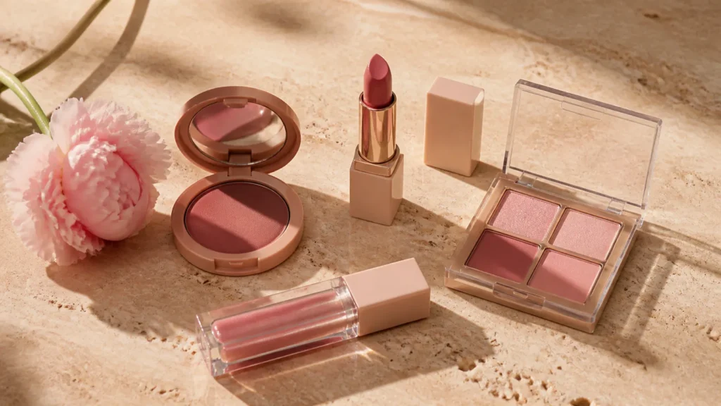 produtos de maquiagem rosa com blush, batom e sombra em tons harmoniosos