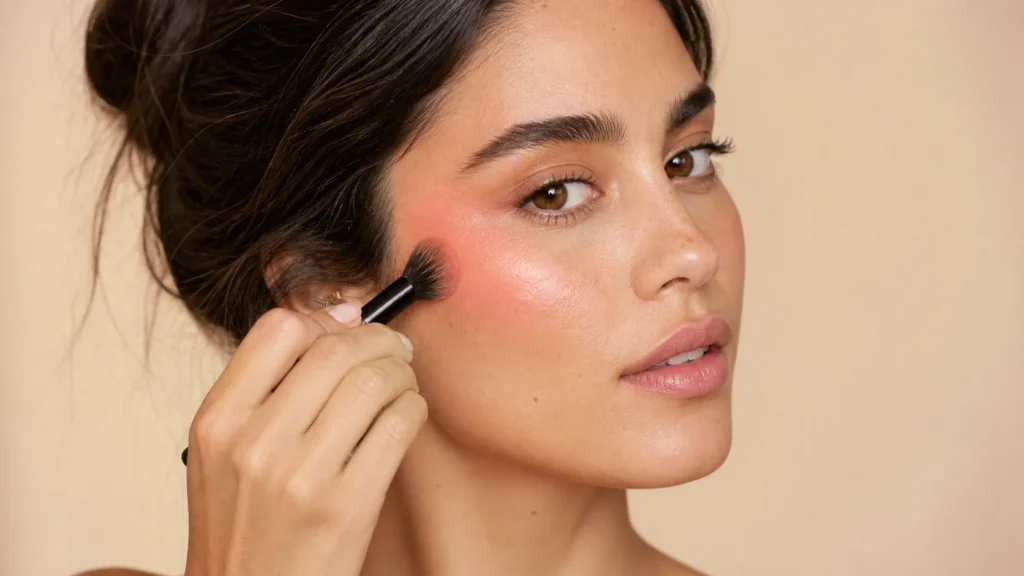 aplicação de blush cremoso pêssego nas maçãs do rosto em direção às têmporas
