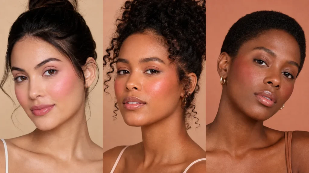 três variações de maquiagem com blush cremoso rosa, coral e terracota