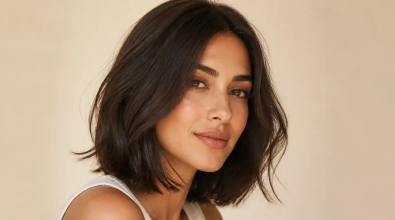 bob com movimento em cabelo castanho com ondas suaves e pontas leves