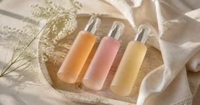 frascos de body mist em uma bandeja com flores e tecido claro