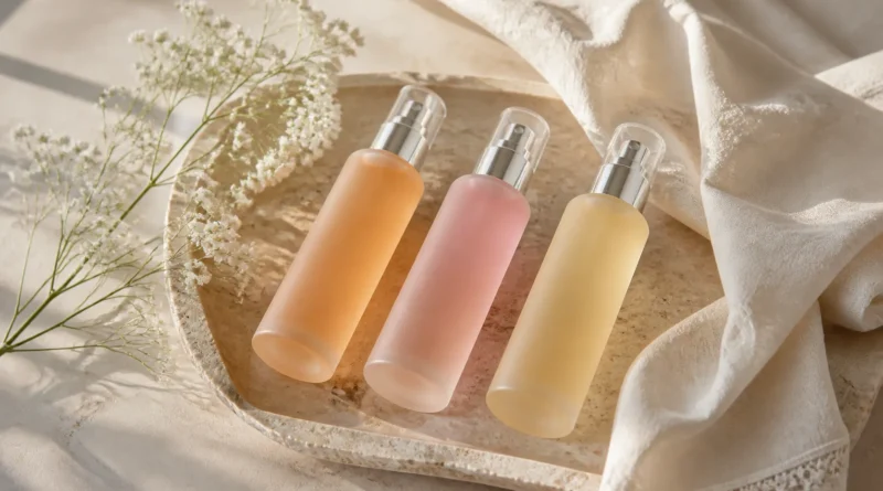 frascos de body mist em uma bandeja com flores e tecido claro