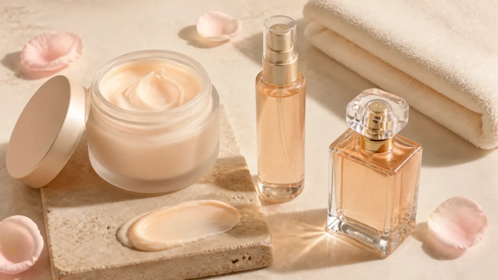 body mist, hidratante corporal e perfume para perfumação em camadas