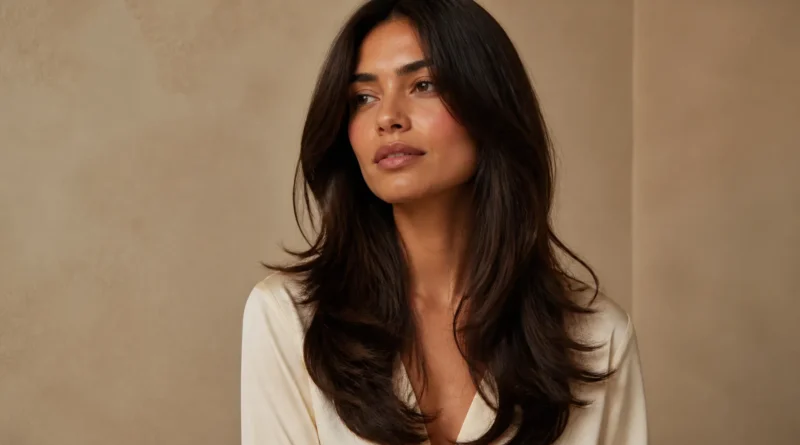 cabelo longo em camadas com movimento suave e pontas iluminadas