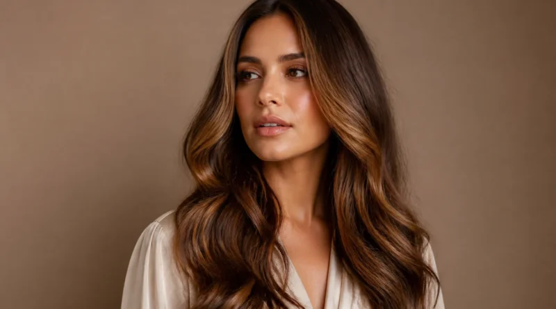 cabelo castanho iluminado com reflexos suaves em tons de mel e caramelo