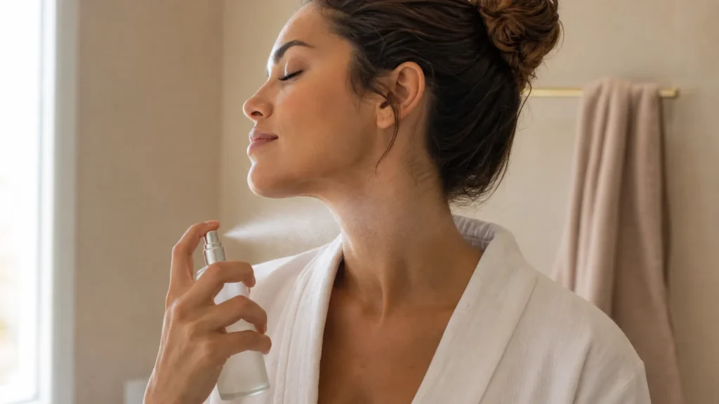 mulher aplicando body mist no pescoço após o banho