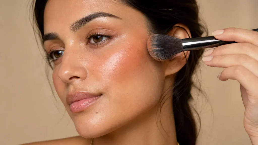 aplicação de bronzer e blush pêssego alto nas maçãs do rosto