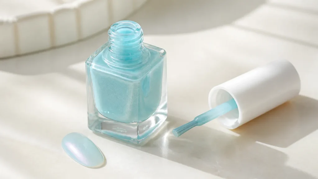 esmalte aqua aberto com pincel ao lado e amostra de unha com brilho perolado