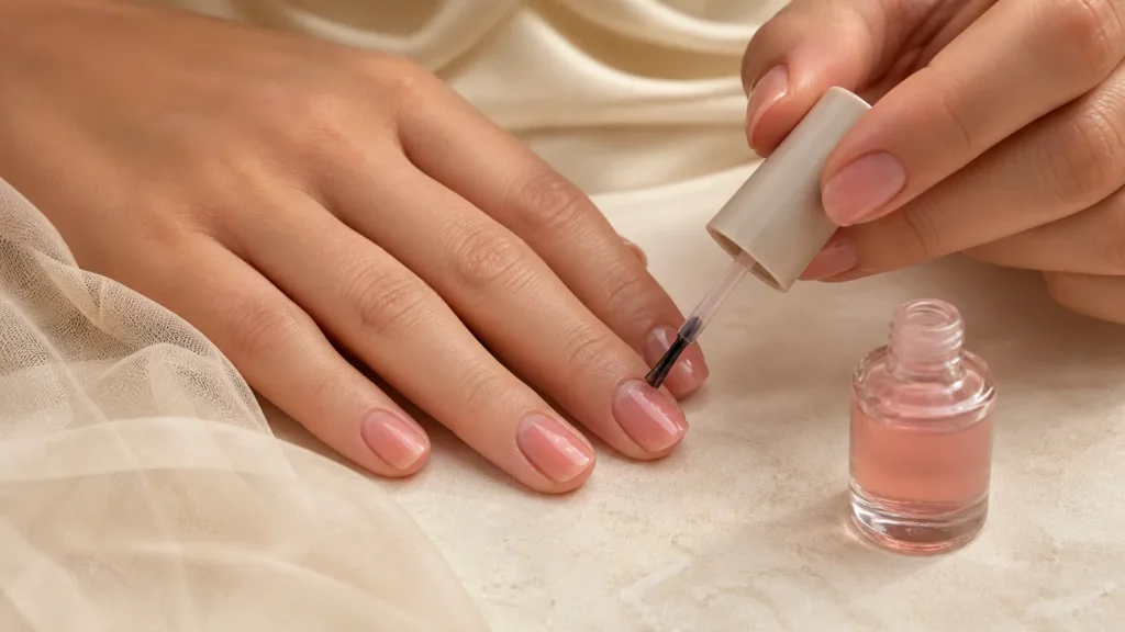 aplicação de esmalte rosa translúcido em camadas para criar jelly nails