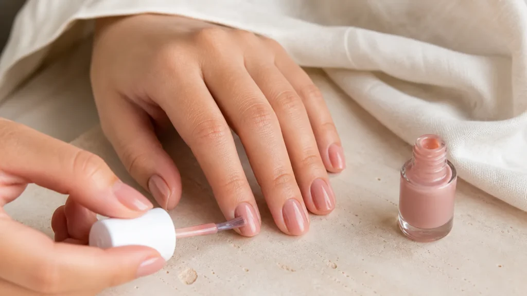 aplicação de esmalte nude rosado em camadas finas para criar linen nails