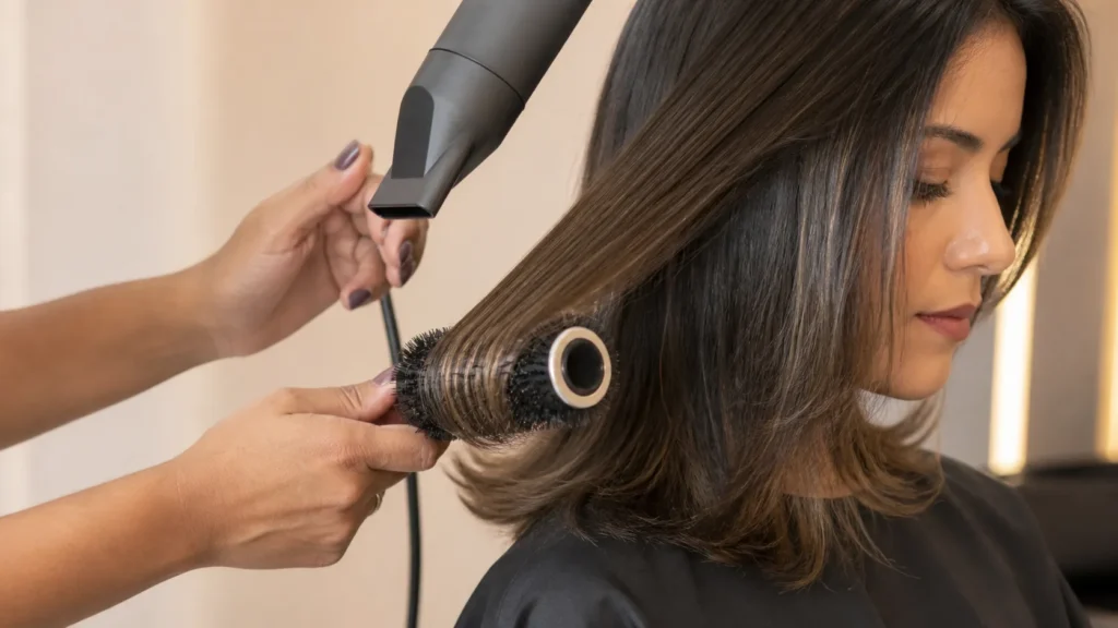modelagem de pontas viradas para fora com escova e secador