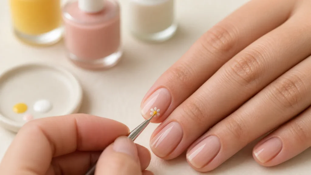 Unhas florais minimalistas: 25 ideias lindas para a primavera aplicação de flores pequenas em unhas minimalistas com pincel fino