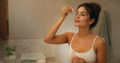 Mulher aplicando ácido glicólico no rosto durante rotina noturna de skincare