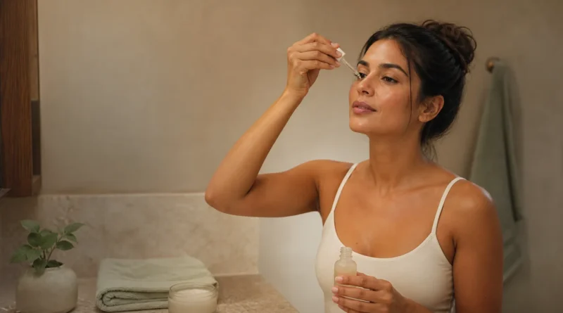 Mulher aplicando ácido glicólico no rosto durante rotina noturna de skincare
