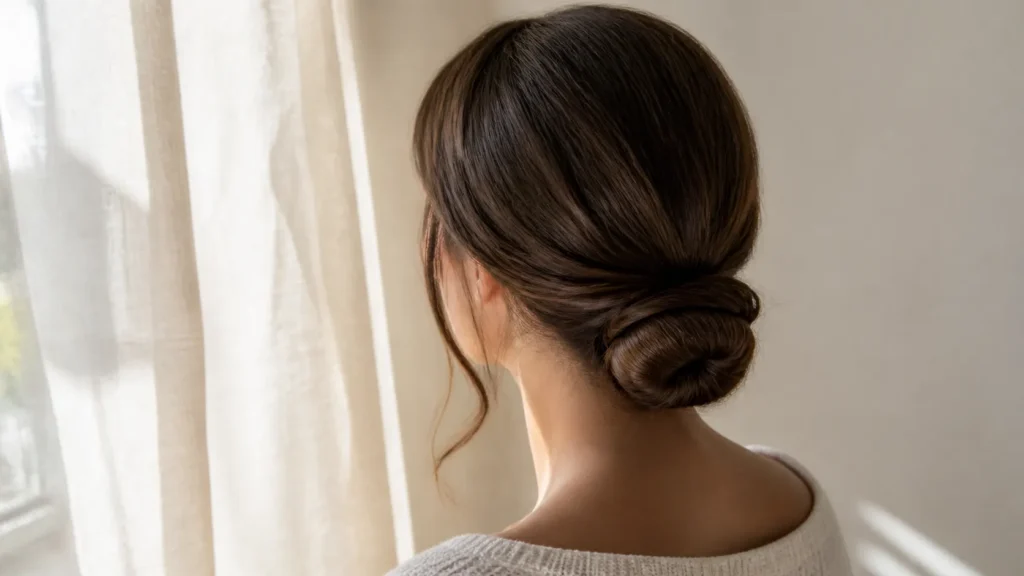 coque baixo torcido em cabelo castanho com acabamento leve e mechas soltas