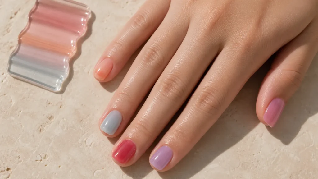 cores de jelly nails translúcidas em rosa, azul, vermelho e lilás