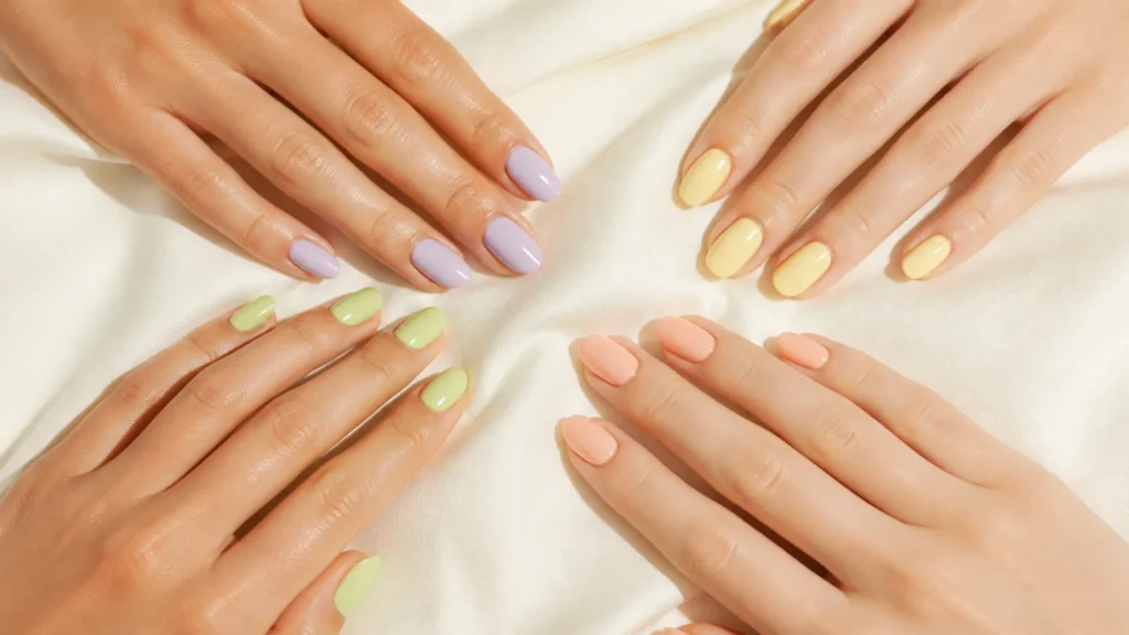 paleta de esmaltes para primavera em lavanda amarelo-manteiga verde-pistache e pêssego