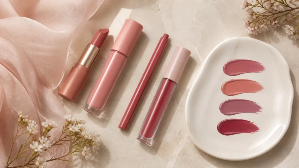 cores de batom para lábios esfumados em rosa, pêssego, malva e cereja