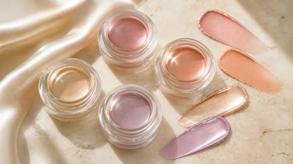 Sombra glossy: o jeito mais fácil de iluminar o olhar sem pesar a maquiagem sombras cremosas sem marca em tons champanhe, rosé, pêssego e lilás com acabamento luminoso