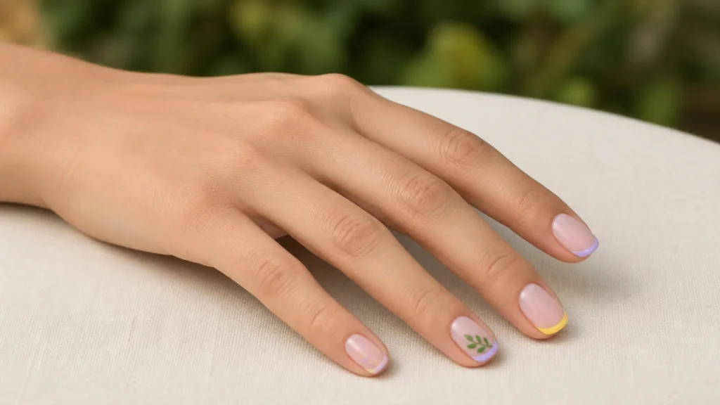 unhas para primavera com francesinha pastel, folhagem minimalista