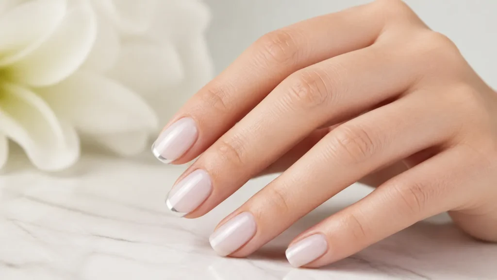 unhas brancas peroladas com detalhe prateado delicado