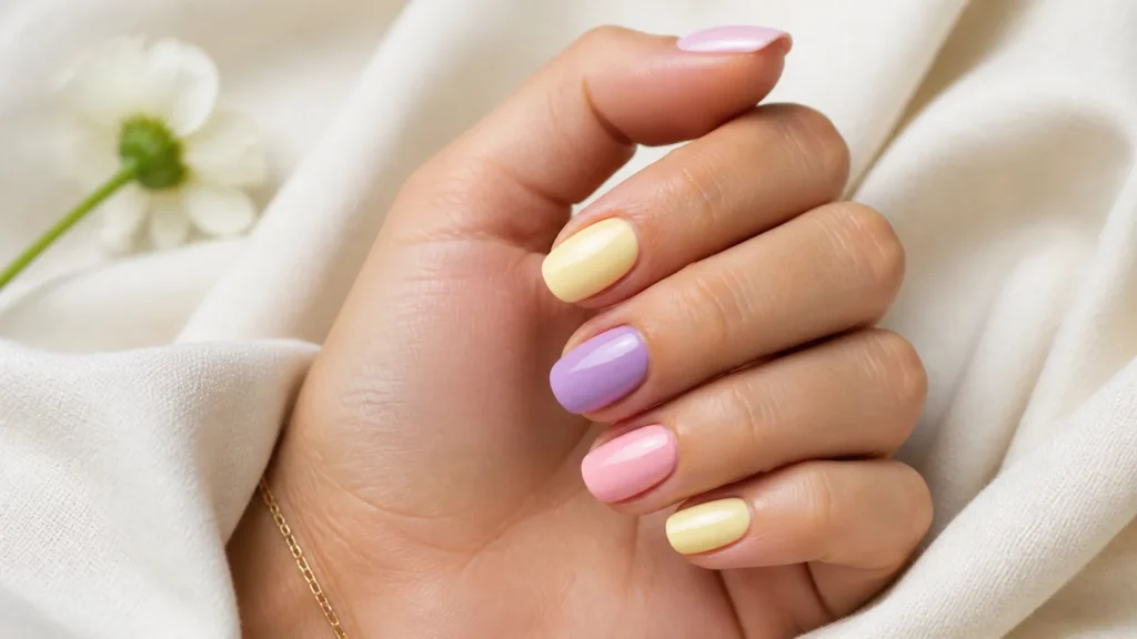 unhas em amarelo-manteiga, lavanda e rosa leitoso para a primavera