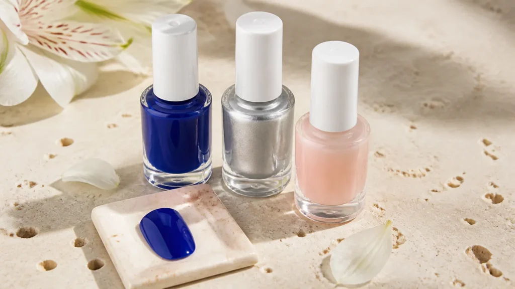 esmaltes azul-cobalto, prata e rosa para combinações de manicure elegante