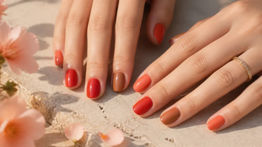 unhas em coral, vermelho-tomate e marrom quente para a primavera